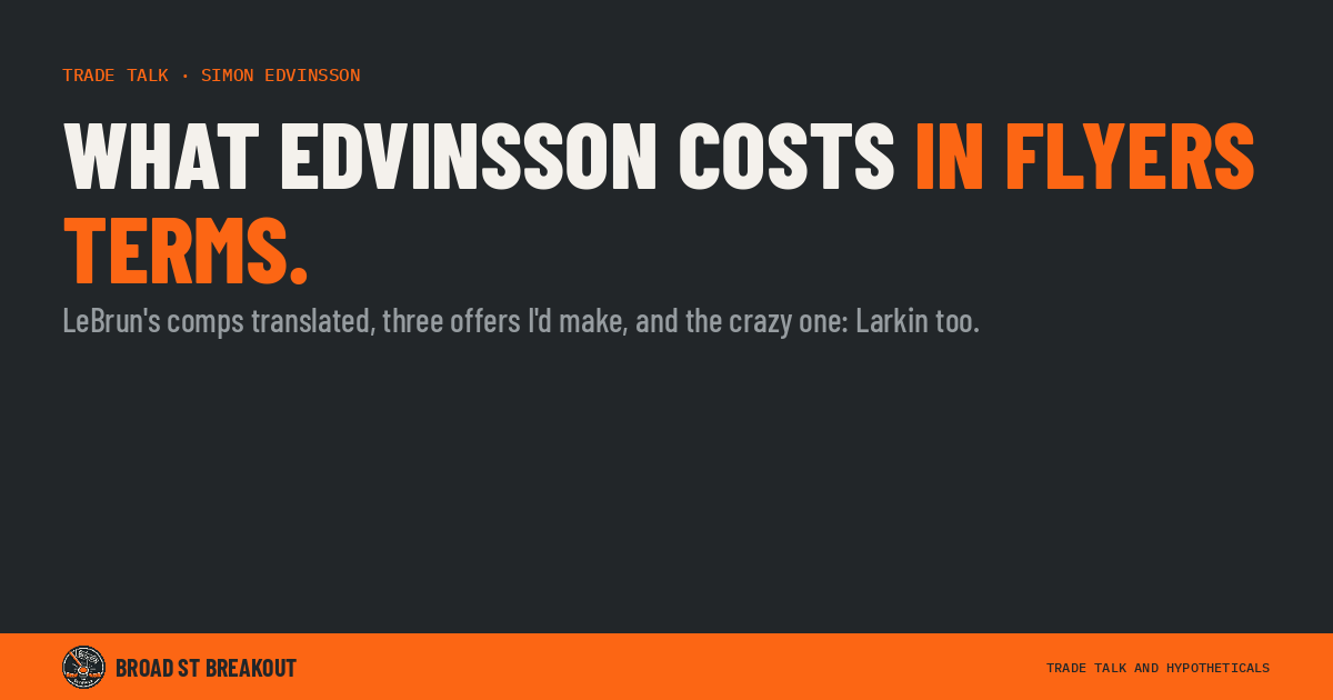 What Simon Edvinsson would cost the Flyers in trade, plus a Dylan Larkin hypothetical. Broad St Breakout.